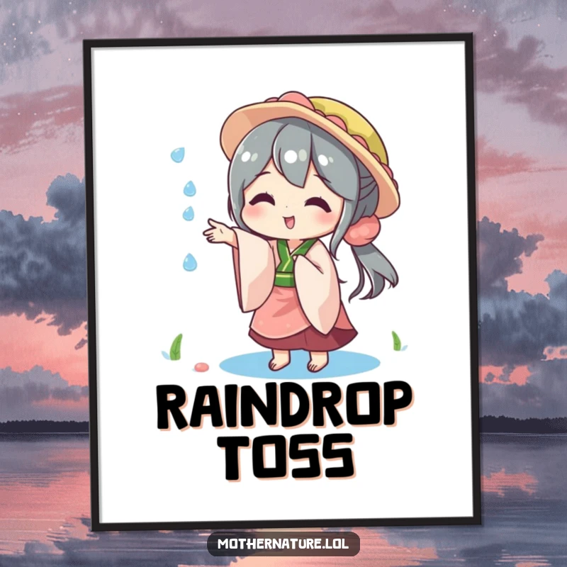 Funny digital art print of Mother Nature playfully tossing a sparkling raindrop, symbolizing whimsical nature and joy.