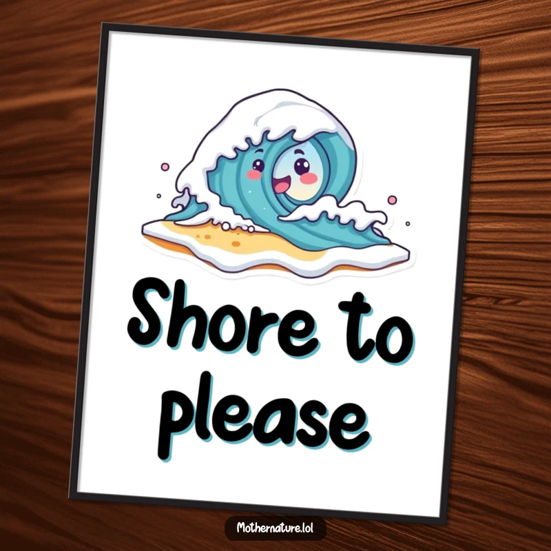 Funny Wave Character Digital Art Print of a cute wave character crashing onto a smiling beach shore with foam, perfect for beach-themed decor.