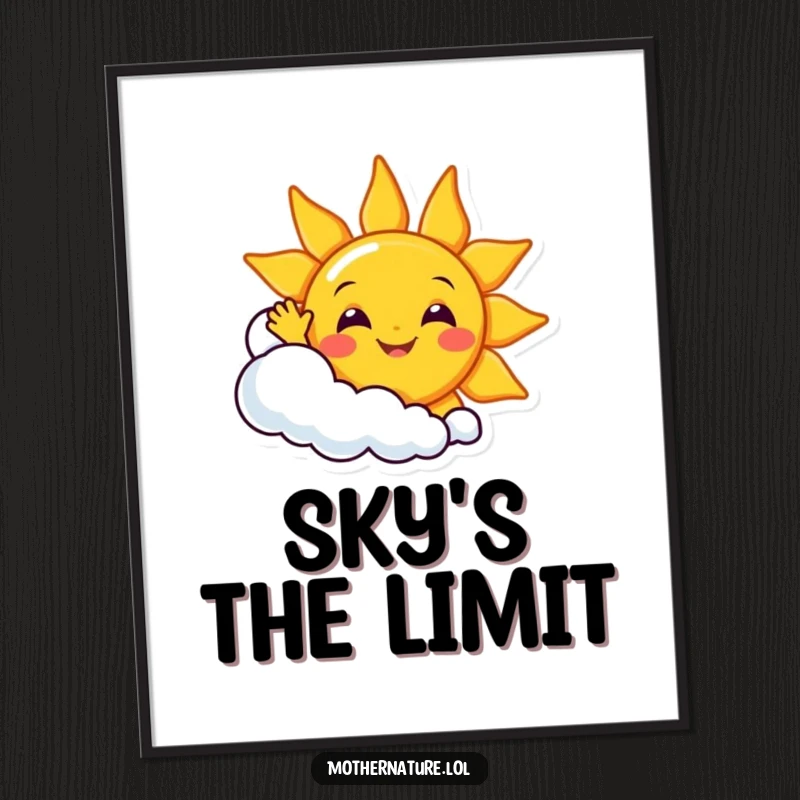 Funny smiling sun character waving enthusiastically from behind a giggling cloud, as instant download digital art.