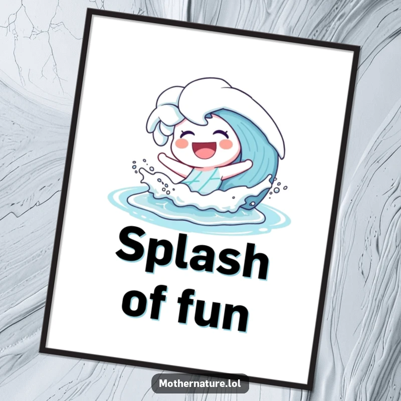 Funny Digital Art Print of a happy wave character playfully splashing with a big laugh onto a sunny shore.