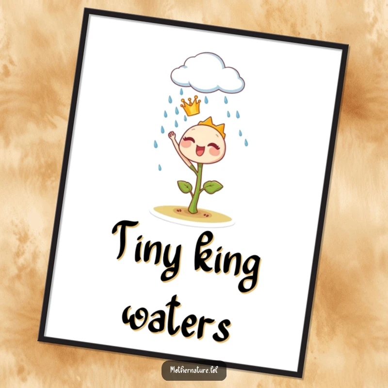Funny sprout crown digital art, a tiny plant ruler joyfully commanding a rain cloud, perfect for adding botanical charm.