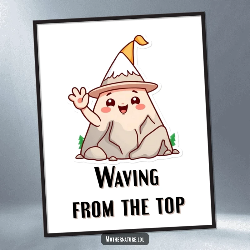 Funny mountain range character digital art print, wearing a silly hat and waving, creating playful and humorous decor.