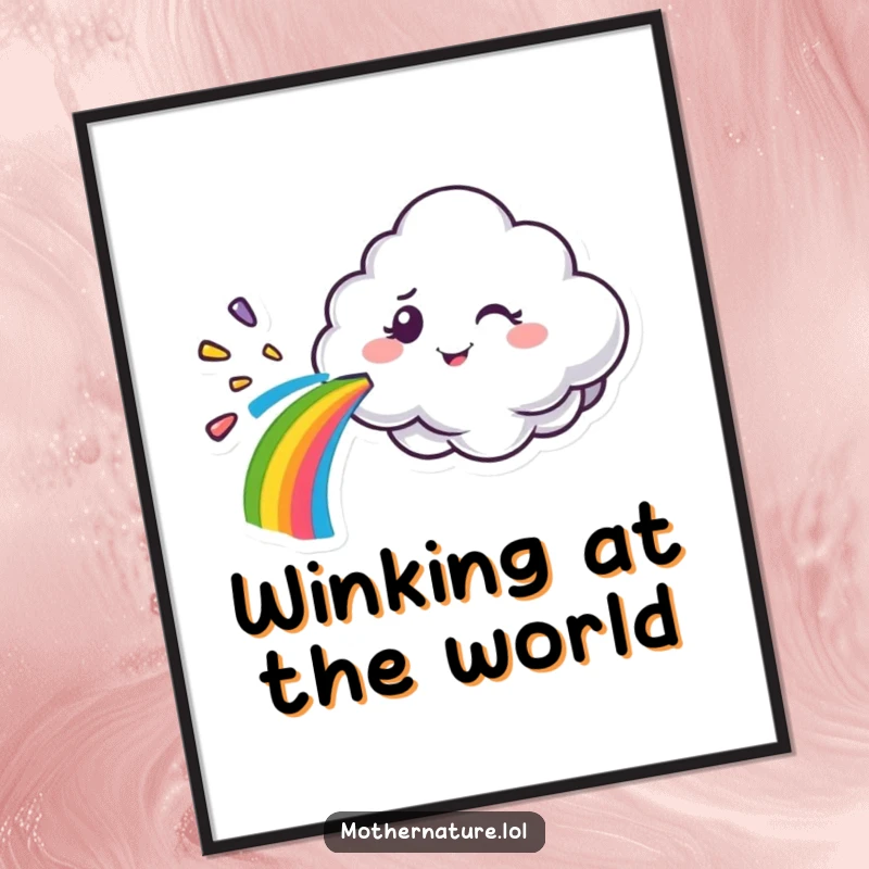 Funny cloud character digital art print, spraying a rainbow with a mischievous wink, creating whimsical and humorous decor.