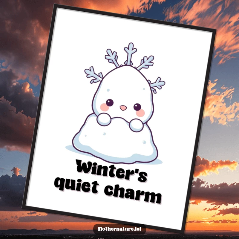 Funny digital art print of a shy snowdrift character peeking at a happy snowflake. High-resolution for printing.
