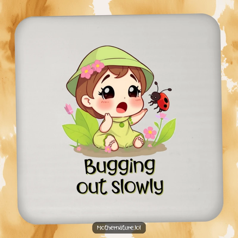 Funny drink coaster with Mother Nature surprised by a ladybug tickling her, offering protection with a playful nature-inspired design.