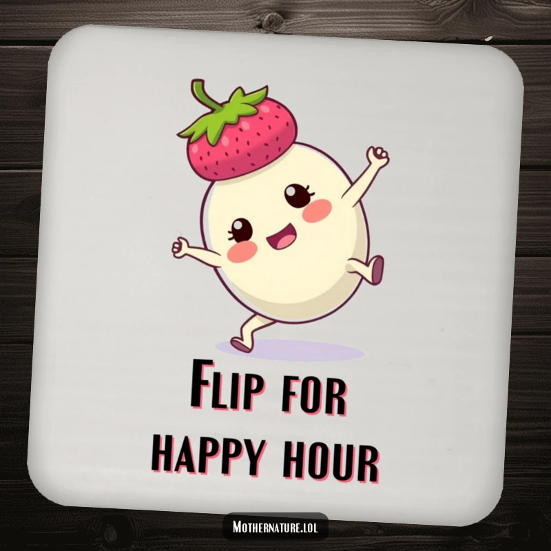 Funny drink coaster displaying a determined plump berry doing a cartwheel, adding a playful and protective touch to your surfaces.