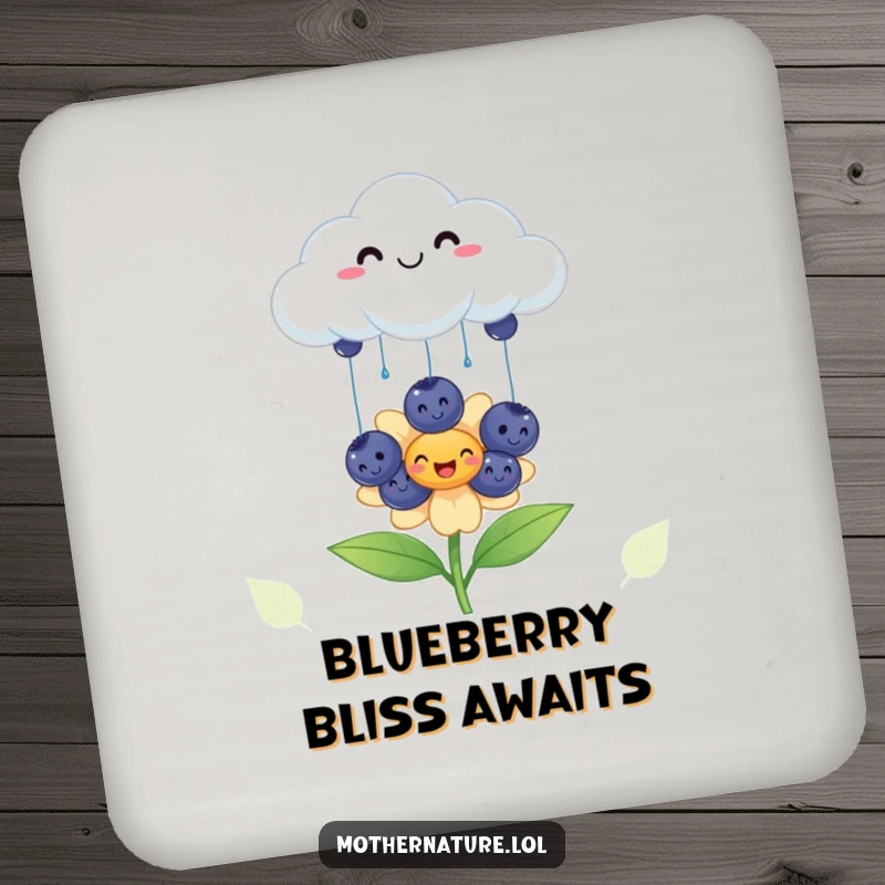 Funny cheerful cloud drink coaster, raining smiling blueberries onto a happy flower, cute and humorous surface protection, charming gift.