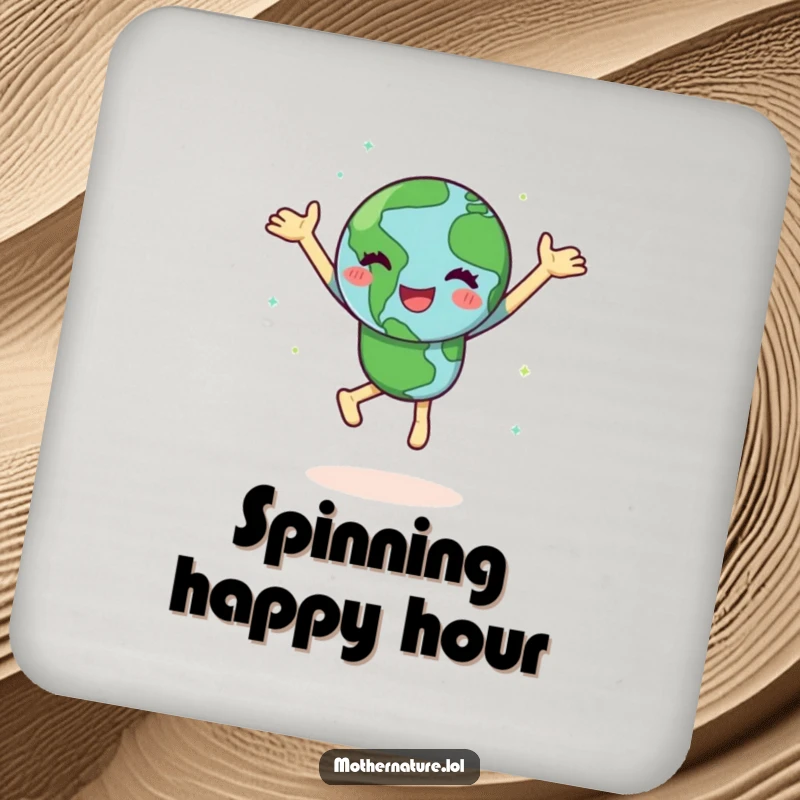 Funny Earth coaster with a happy character doing a joyful dance, spinning with green continents, offering cheerful surface protection.