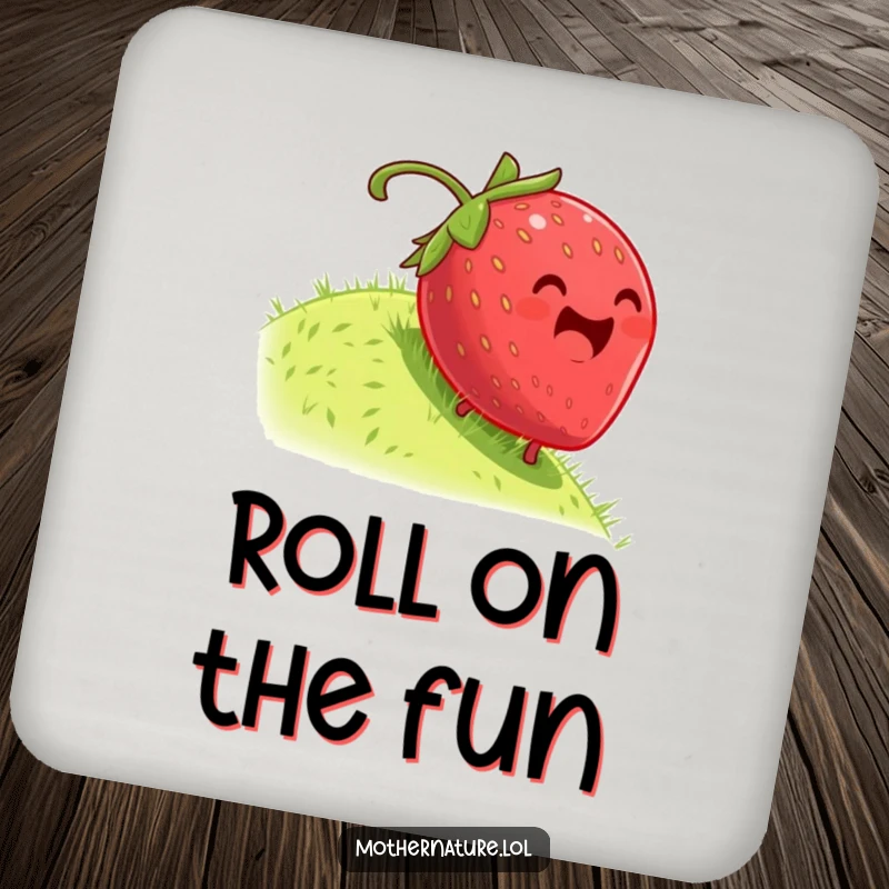 Funny drink coaster featuring a plump, dizzy strawberry rolling down a grassy hill, adding a humorous touch to beverage service.