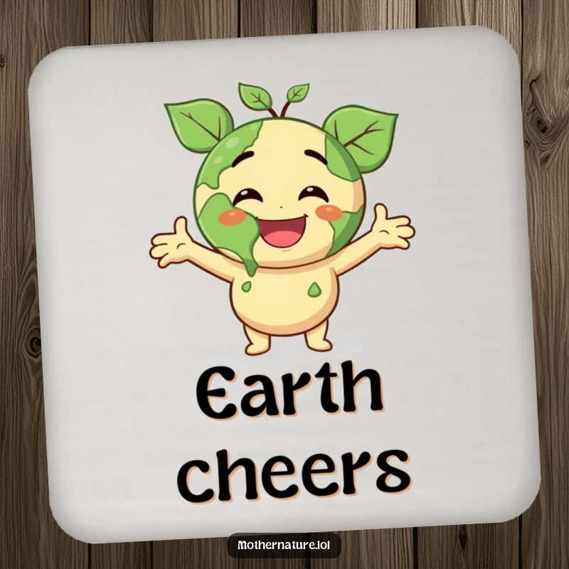 Funny drink coasters featuring a smiling Earth character with leafy arms outstretched, radiating joyous surprise, perfect for eco-conscious homes.