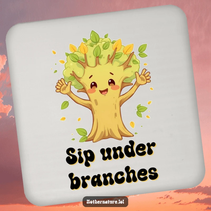 Funny Happy Tree Coasters set with a waving tree character and fluttering leaves, offering natural and humorous table protection.