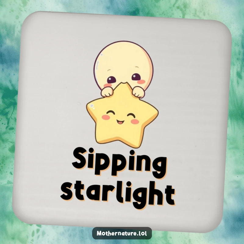 Funny coasters set with a curious moon character peeking over a giggling star. Protects tables with charm.