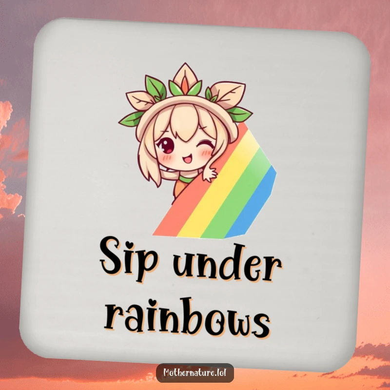 Funny Mother Nature coasters with a mischievous character peeking from behind a rainbow, protecting surfaces with playful charm.