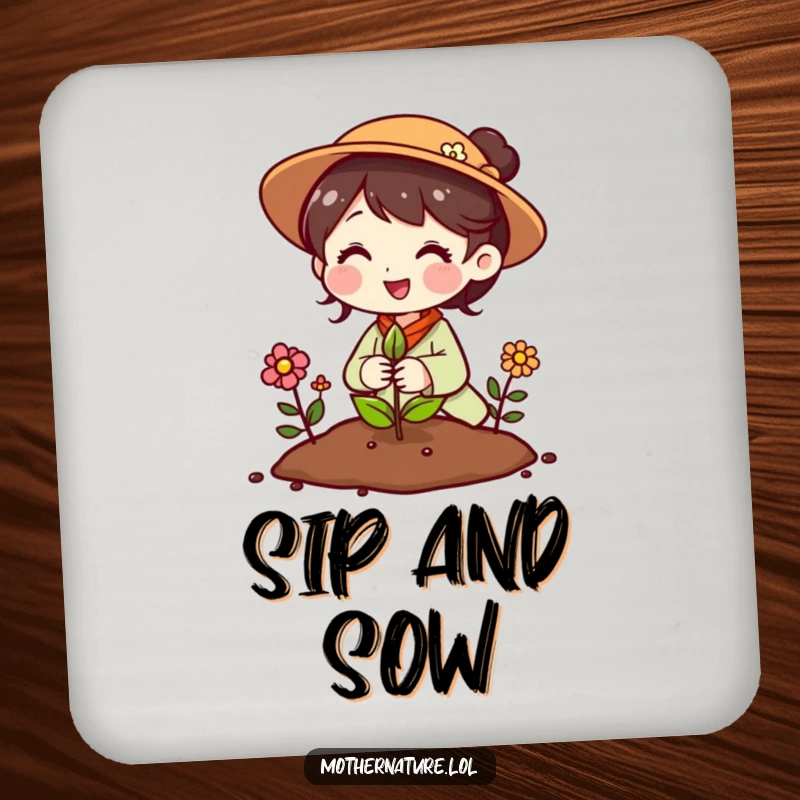 Funny Mother Nature coaster showing a cheerful character planting a seed that instantly sprouts into colorful flowers.