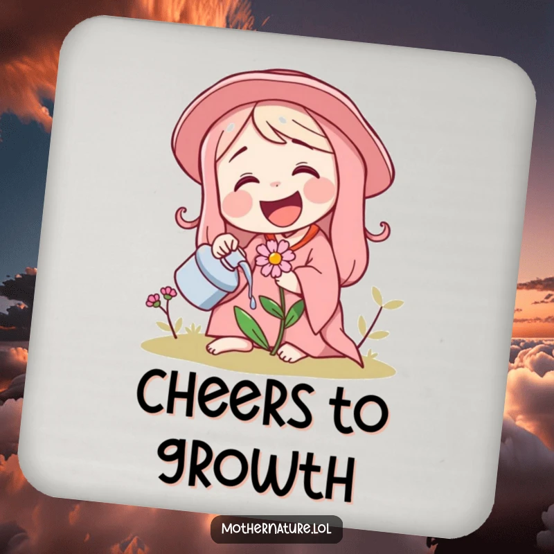 Funny drink coaster of Mother Nature laughing and watering a tiny, giggling flower, symbolizing joy.