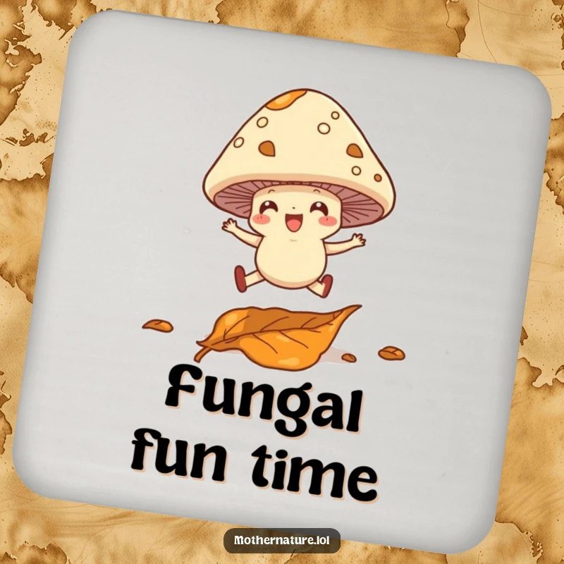 Funny drink coaster with a cheerful mushroom with legs leaping over a fallen leaf, adding whimsical charm to drinks.