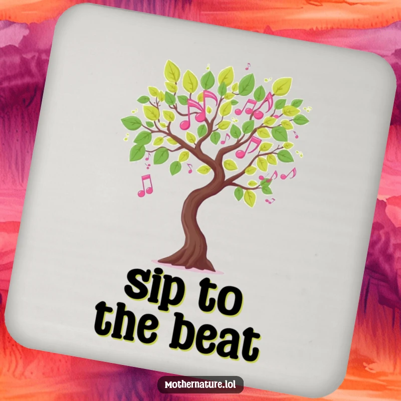Funny musical tree branch drink coaster, leaves shaped like dancing musical notes, cute artistic surface protection, charming gift.