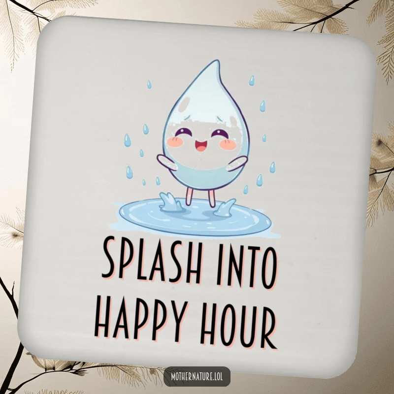 Funny coasters with a playful raindrop character splashing into a puddle. Protect furniture with whimsical humor.