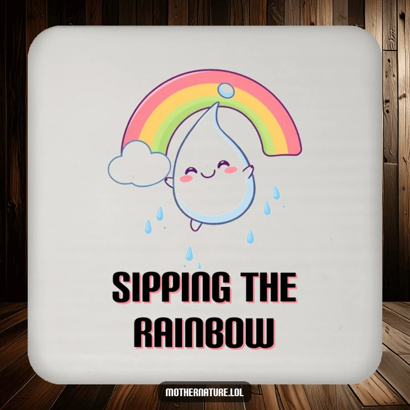 Funny drink coaster depicting a plump, smiling raindrop character sliding with glee down a bright, colorful rainbow.