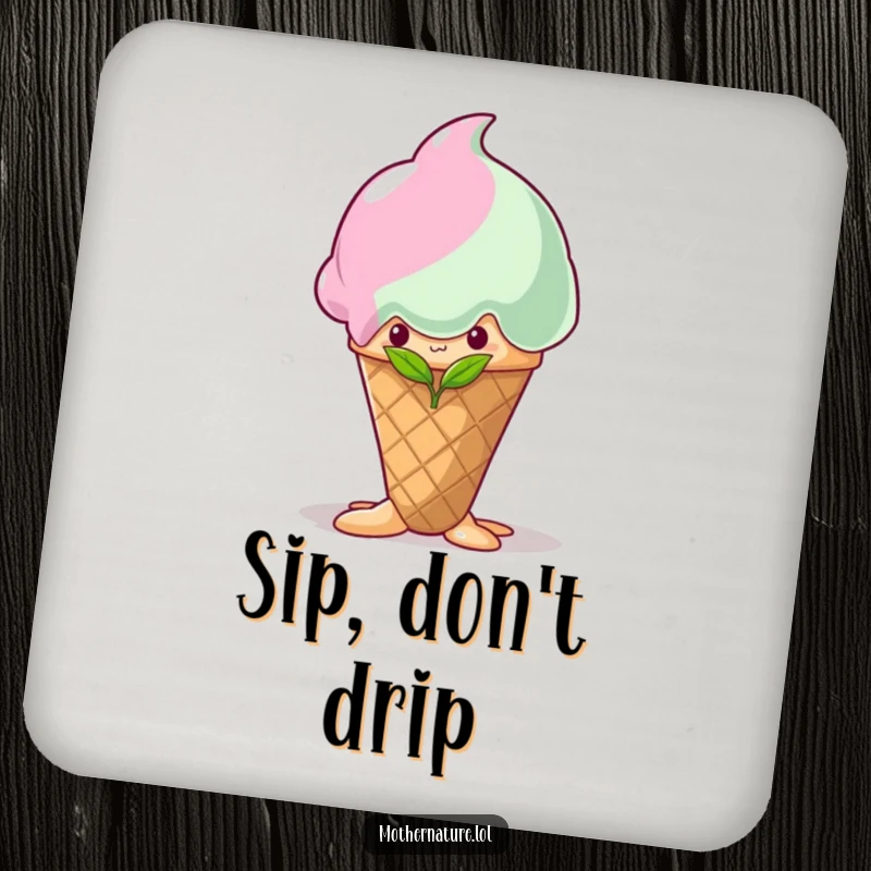 Funny shy sprout drink coaster, hiding behind a melting ice cream cone, cute and humorous surface protection, charming gift.