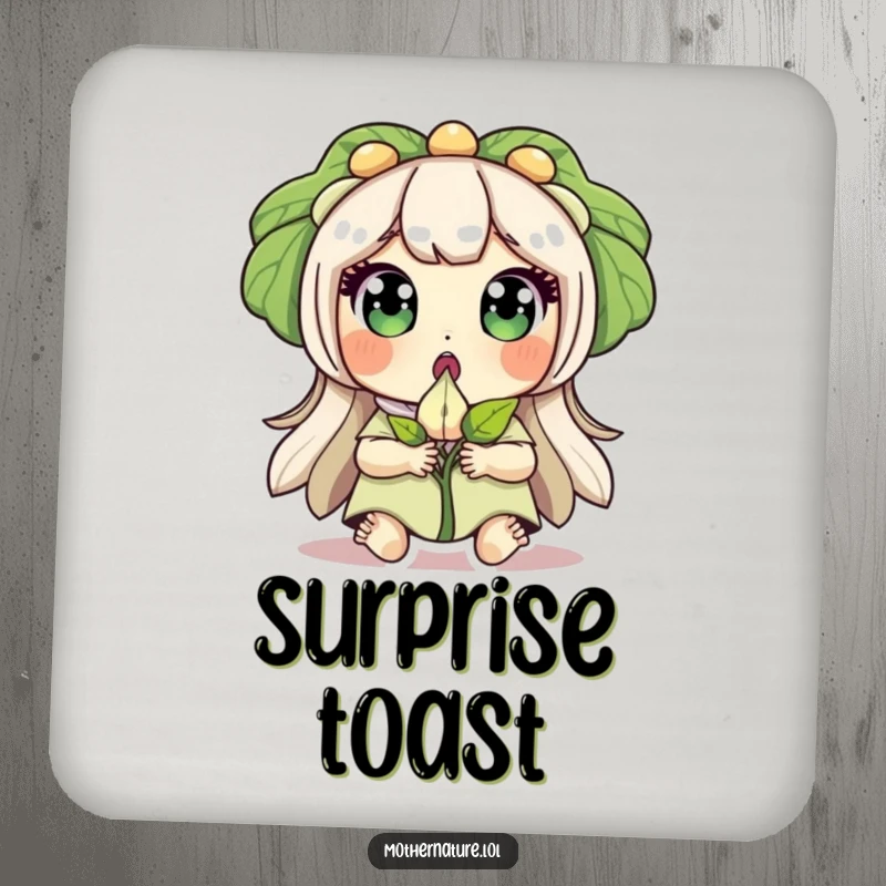 Funny drink coaster of Mother Nature with wide eyes, surprised, holding a sprouting seed, symbolizing wonder.