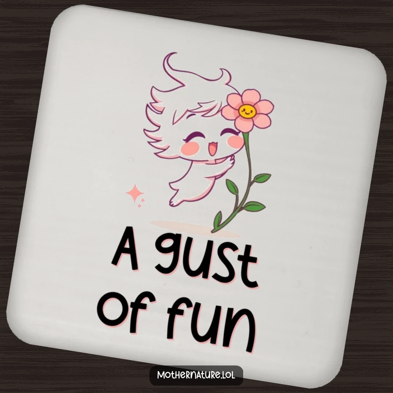 Funny drink coaster depicting a playful wind gust character tickling a surprised flower, protecting surfaces with whimsical flair.