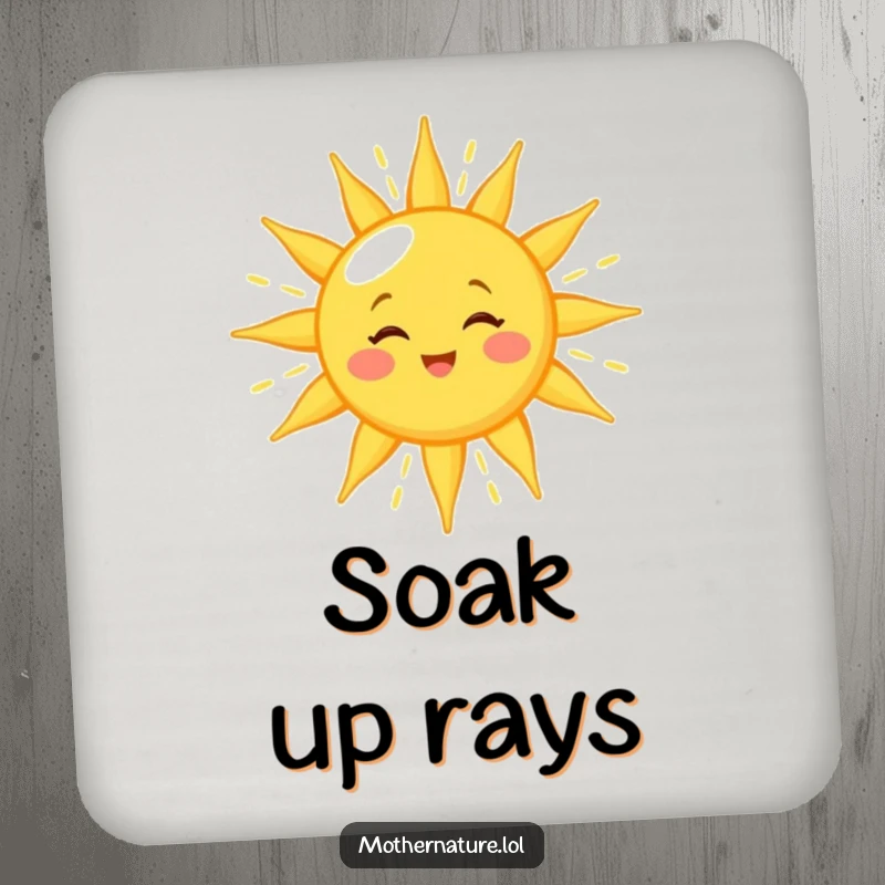 Funny sun coaster featuring a winking character showering golden light, a cheerful and protective accessory for drinkware on any surface.