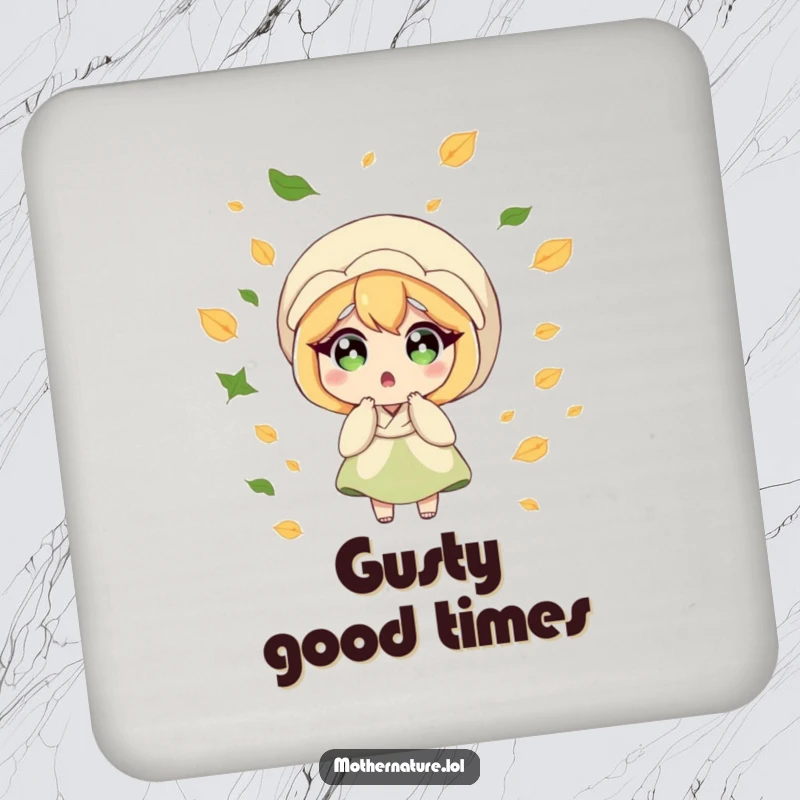 Funny Mother Nature coasters, surprised character, leaves blowing in breeze, humorous table protection, ideal funny gift.