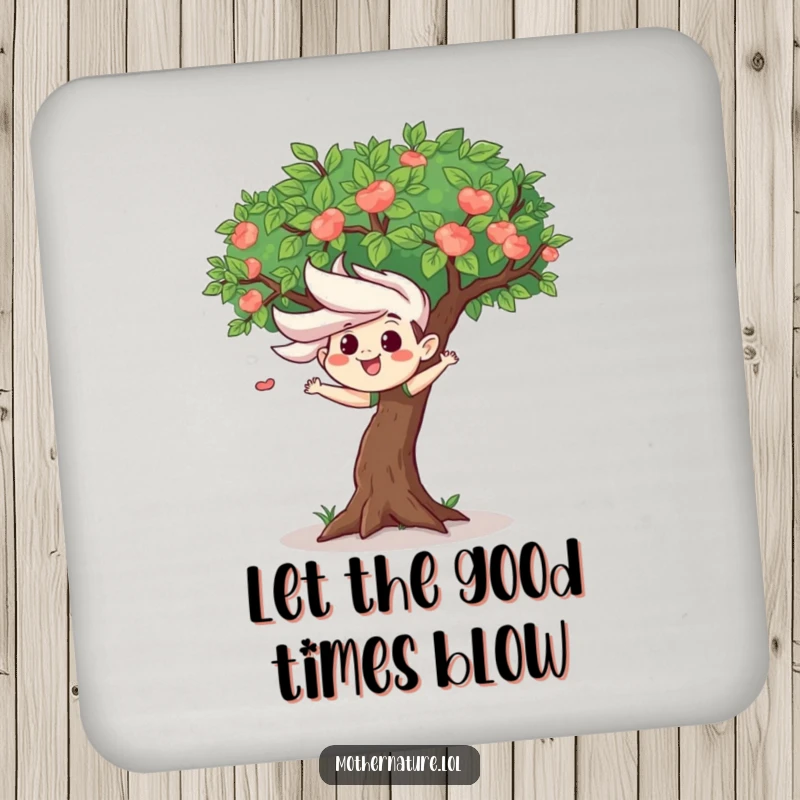 Mischievous wind gust character ruffling leaves of a happy tree on drink coasters, adding humorous playful charm.