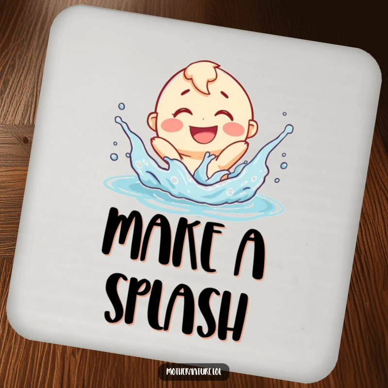 Funny river character drink coaster, smiling and playfully splashing with a delighted expression, protecting surfaces with playful humor.