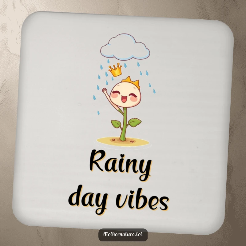 Funny sprout crown drink coaster, featuring a tiny plant ruler joyfully commanding a rain cloud, protecting surfaces with charm.