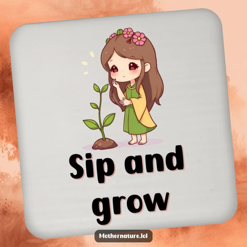 Mother Nature Drink Coasters: Character whispering to a sprout, protecting surfaces. Decorative and an inspiring gift.