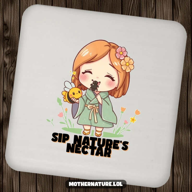 Funny drink coaster with Mother Nature delightedly holding a tiny, buzzing bee, adding natural charm and protection to surfaces.
