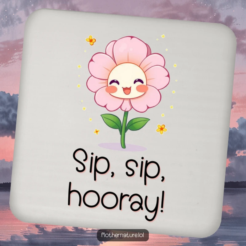 Funny drink coasters with a cheerful flower character blooming vibrantly and showering tiny pollen sparkles, adding humor and style to drink service.