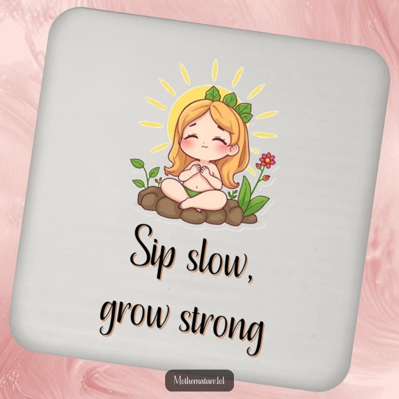 Funny drink coaster with Mother Nature sunbathing peacefully surrounded by plants, offering protection with a serene nature-inspired design.