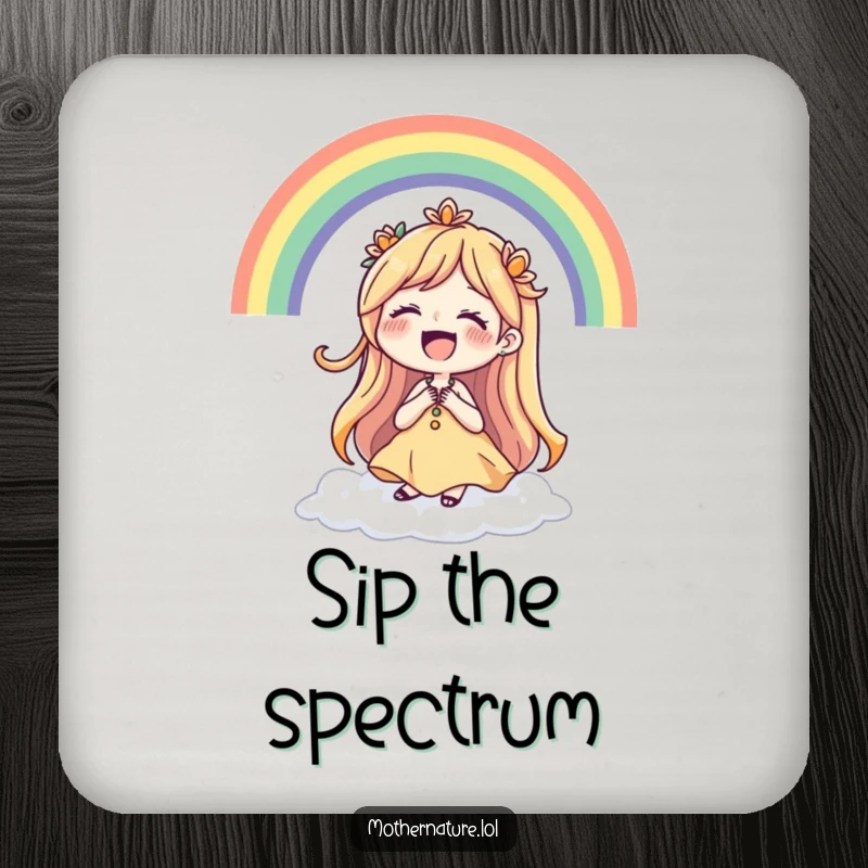 Funny Mother Nature coaster showing a laughing character encircled by a beautiful rainbow, protecting tables with flair.