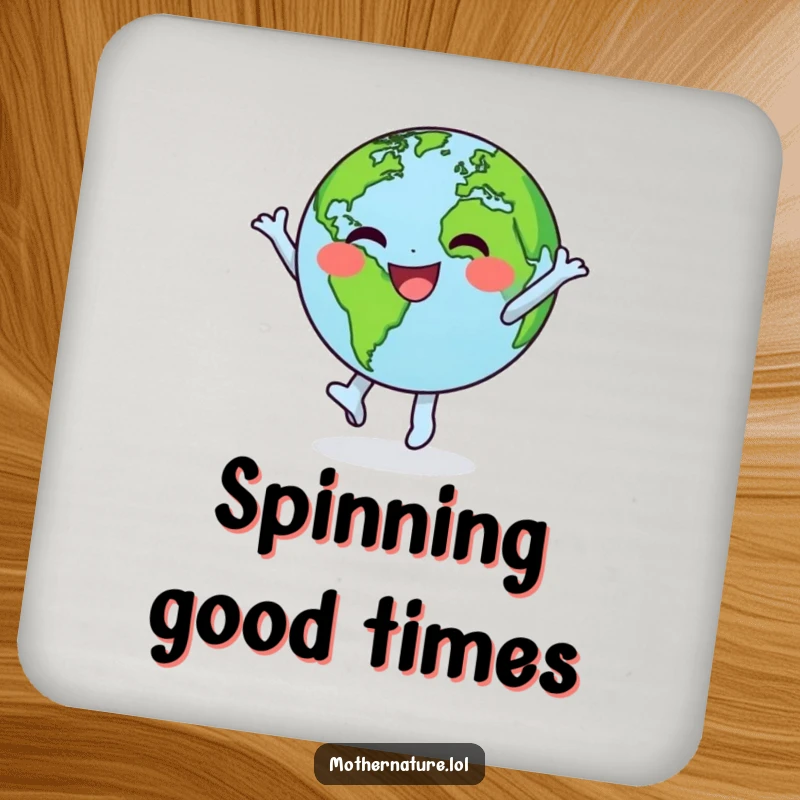 Funny drink coaster depicting a happy little Earth character in a joyful dance, spinning with its green continents.