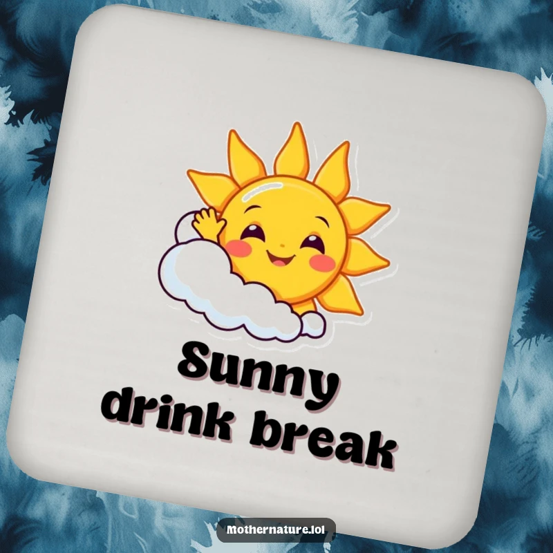Funny smiling sun character waving enthusiastically from behind a giggling cloud, featured on a decorative drink coaster.