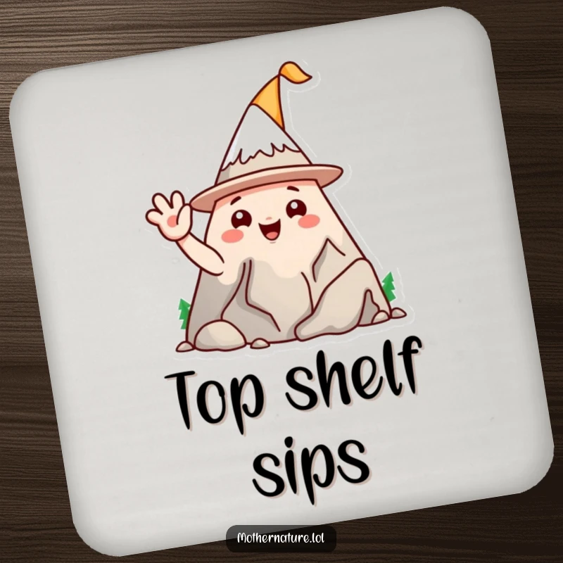 Funny mountain range character drink coaster, wearing a silly hat and waving, protecting surfaces with playful humor.