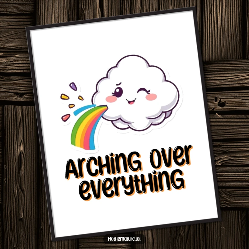 Funny cloud character poster, spraying a vibrant rainbow with a mischievous wink, adding whimsical and humorous decor.