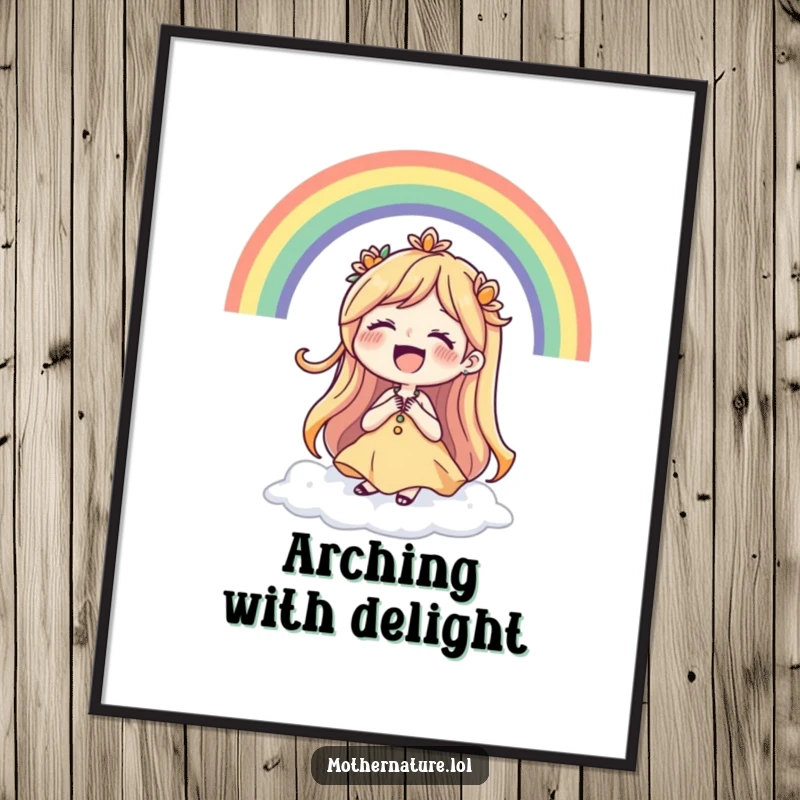 Funny Mother Nature poster showing a laughing character with a beautiful rainbow forming a halo around her, radiating happiness.