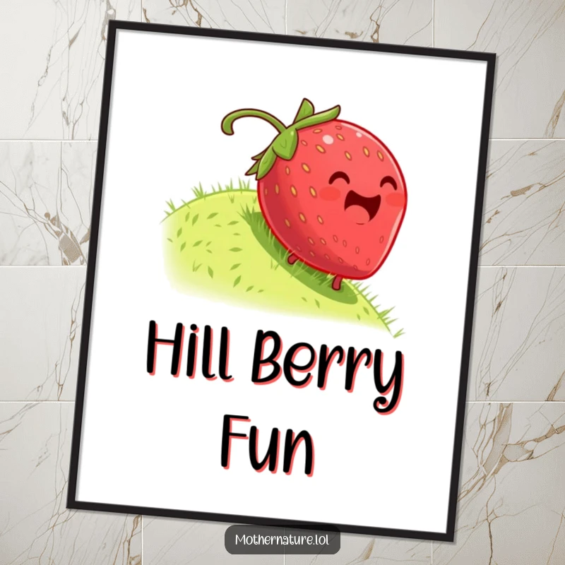 Funny poster depicting a plump, dizzy strawberry rolling gleefully down a grassy hill, capturing a moment of pure, lighthearted fun.