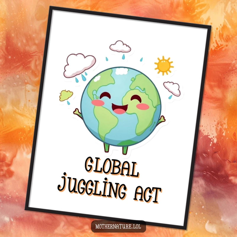 Funny Earth poster showing a smiling Earth character skillfully juggling tiny rain clouds and bright sunshine elements.
