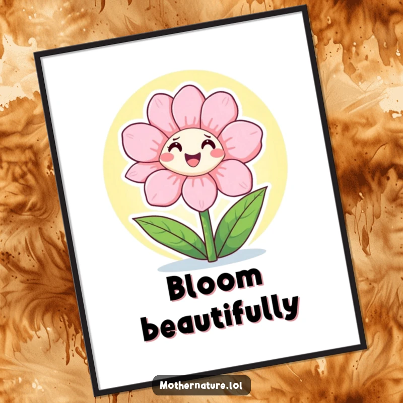 Funny Poster depicting a happy flower character joyfully opening its petals towards the warm, life-giving sunshine.