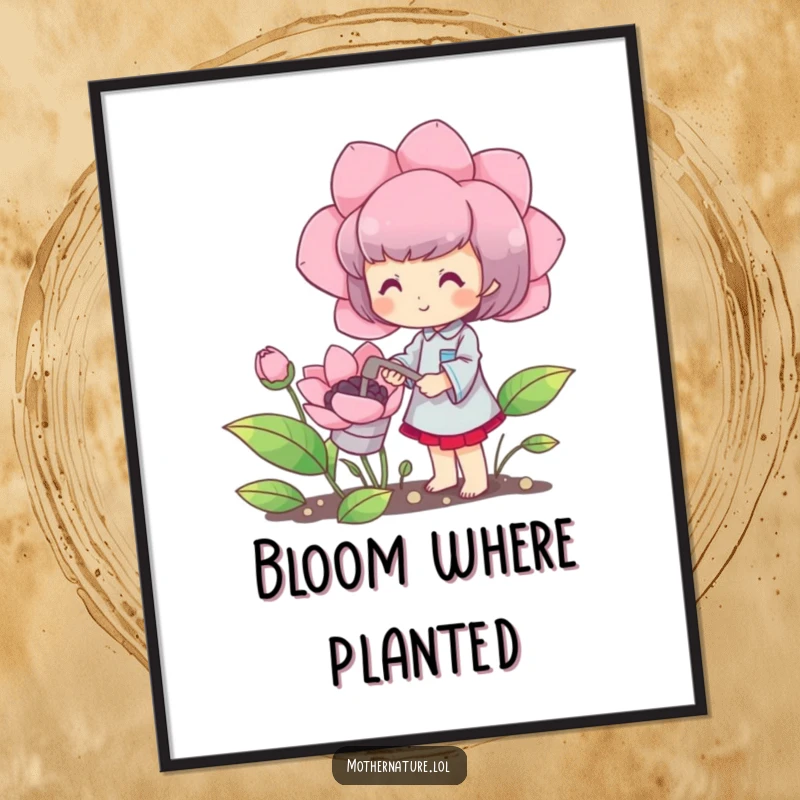 Funny poster featuring a cute character happily watering a blooming oversized flower, humorous wall art for garden enthusiasts.