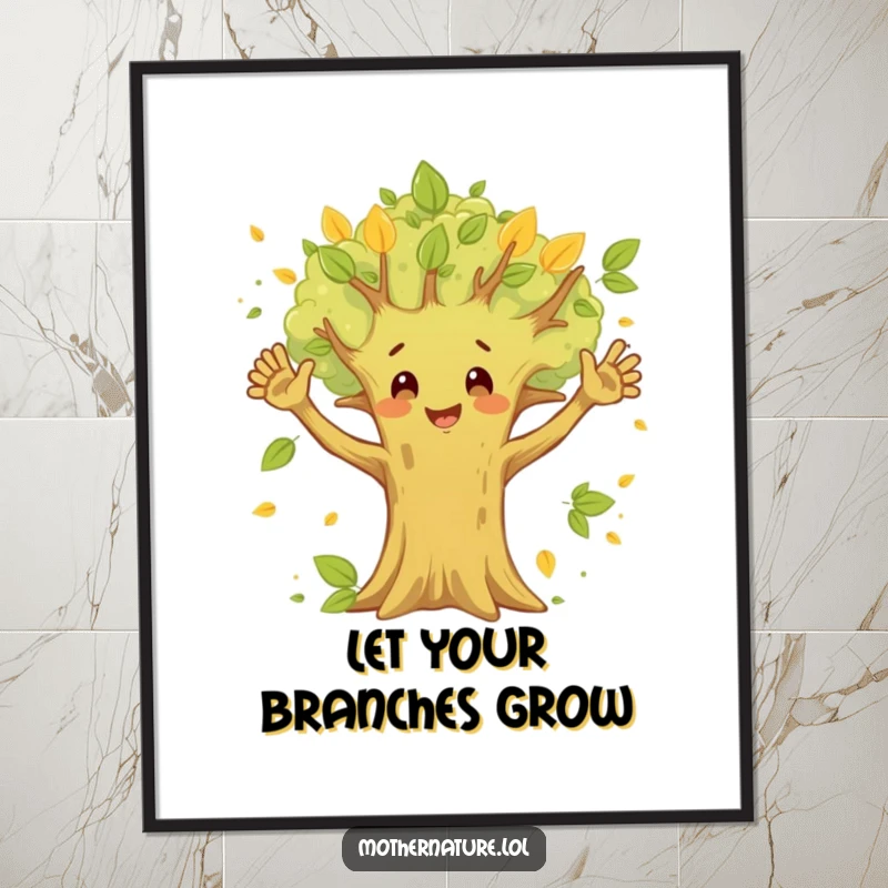 Funny Happy Tree Poster showing a cheerful tree waving its branches amidst fluttering leaves, creating a serene yet fun wall display.