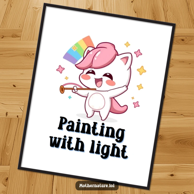 Funny poster print of a mischievous character with a gleeful giggle orchestrating a stunning rainbow.