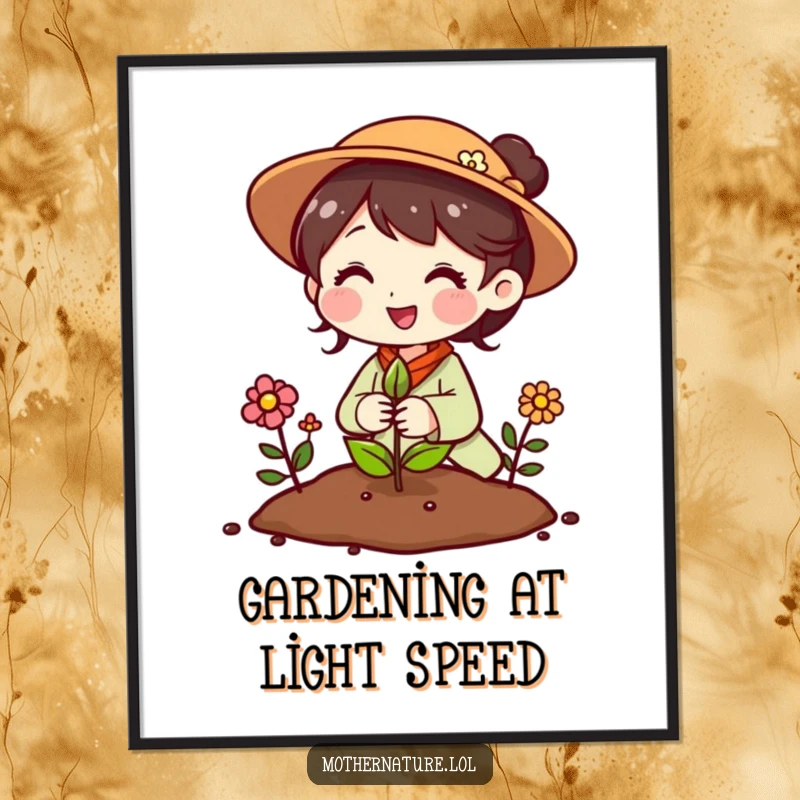 Funny Mother Nature poster showing a cheerful character planting a seed that magically sprouts into beautiful flowers instantly.