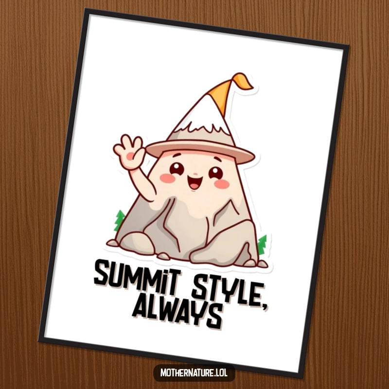 Funny mountain range character poster, wearing a silly hat and waving, bringing playful and humorous decor.
