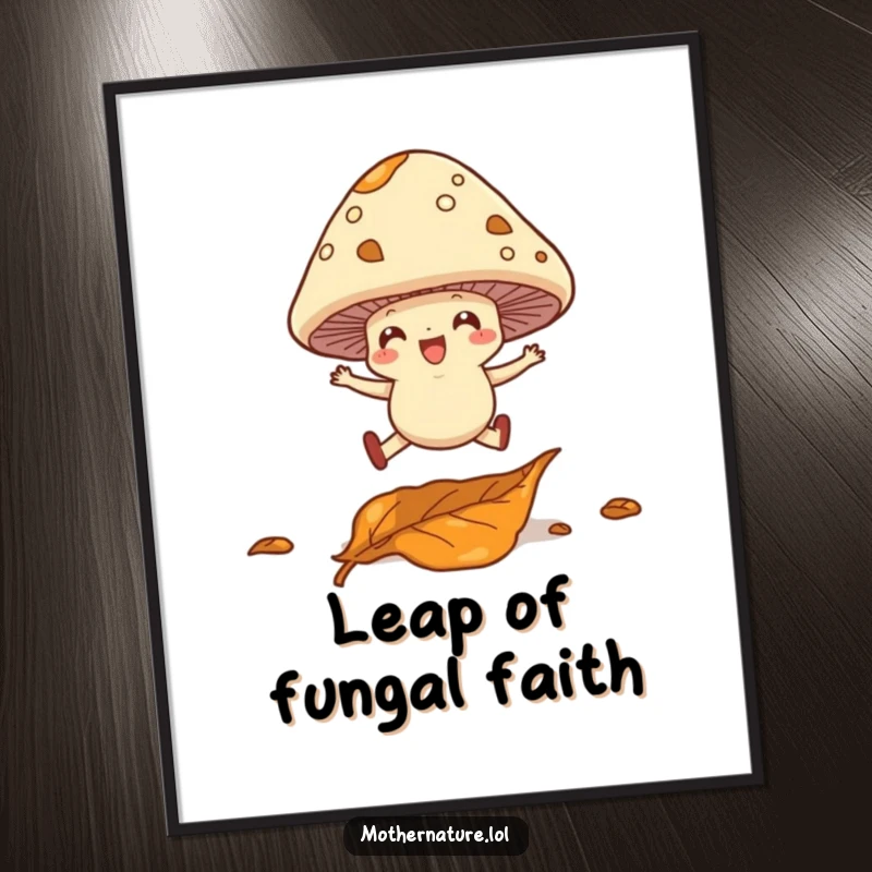 Funny poster illustrating a cheerful mushroom with legs leaping over a fallen leaf, bringing whimsical woodland vibes.